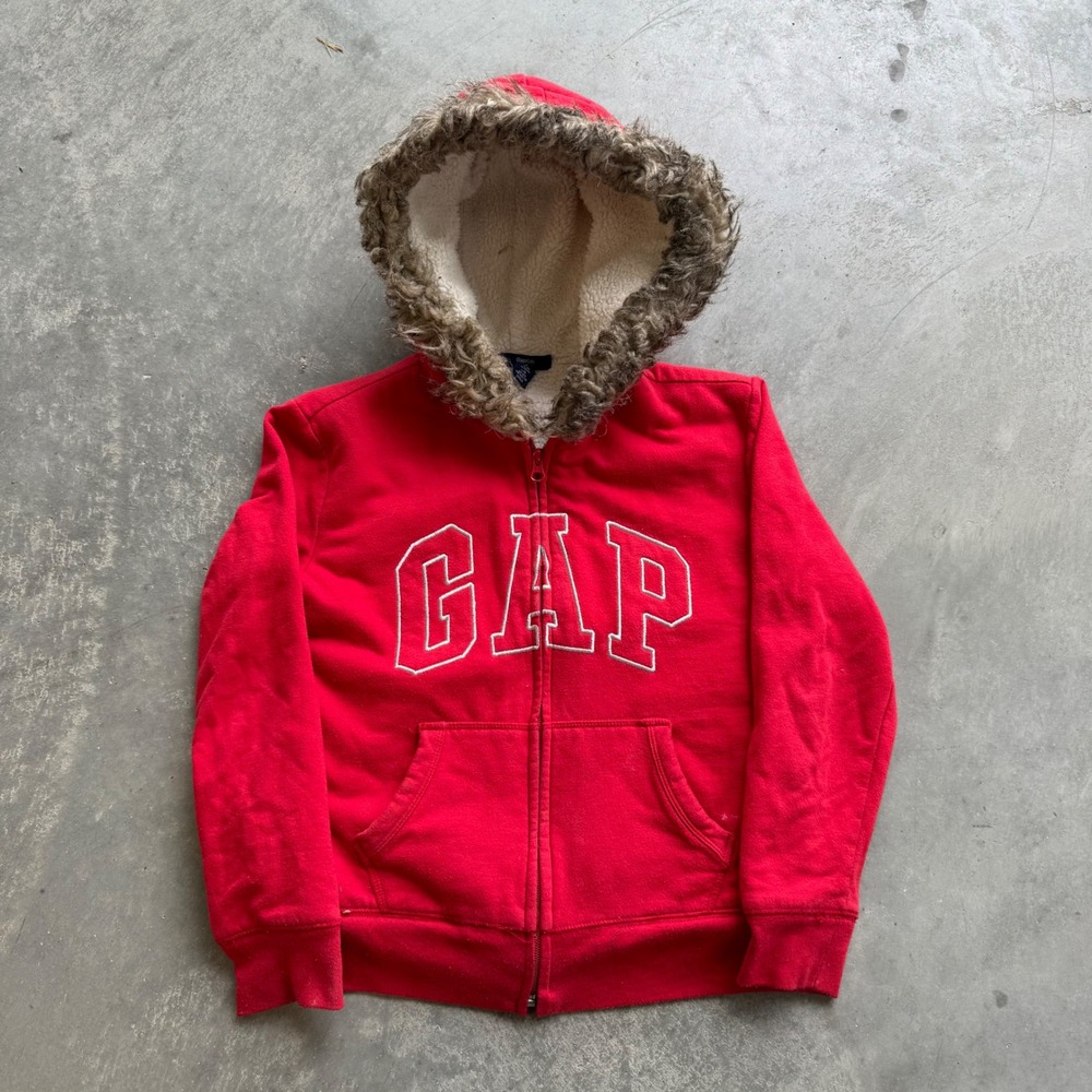 Gap Kids Girls Red Zip Up Hoodie Faux Fur Sherpa Lined Logo Sweatshirt XL 12